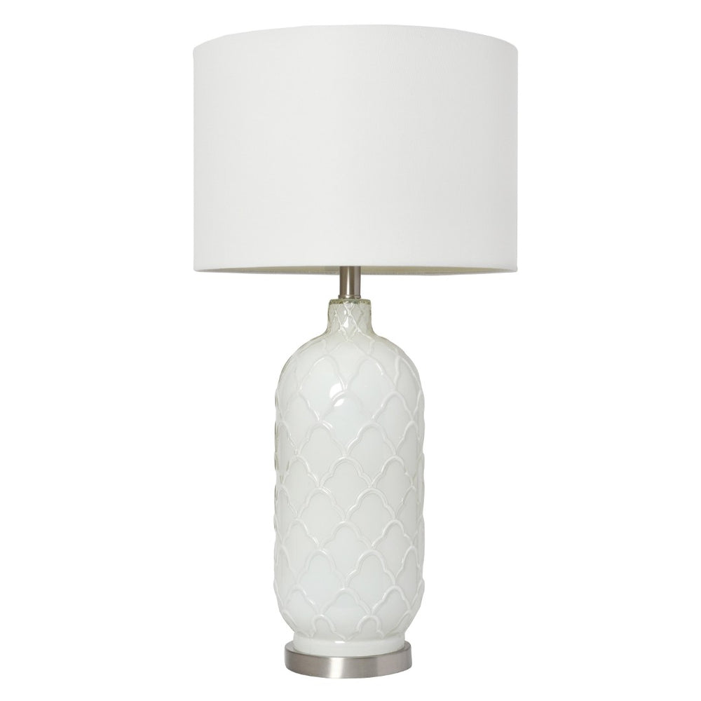 HomeRoots 30" Elegant White and Nickel Quatrefoil Glass Table Lamp with Drum Shade for Stylish Illumination 643367