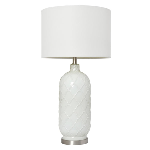 HomeRoots 30" Elegant White and Nickel Quatrefoil Glass Table Lamp with Drum Shade for Stylish Illumination 643367