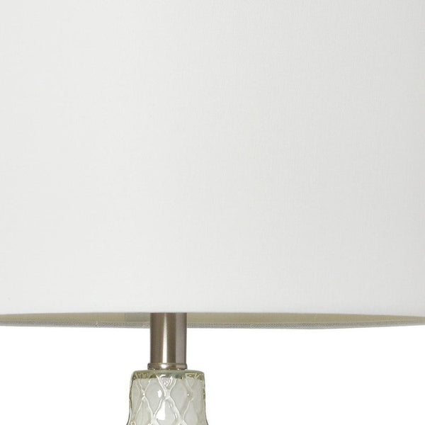 HomeRoots 30" Elegant White and Nickel Quatrefoil Glass Table Lamp with Drum Shade for Stylish Illumination 643367