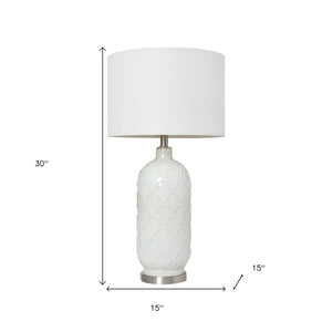 HomeRoots 30" Elegant White and Nickel Quatrefoil Glass Table Lamp with Drum Shade for Stylish Illumination 643367