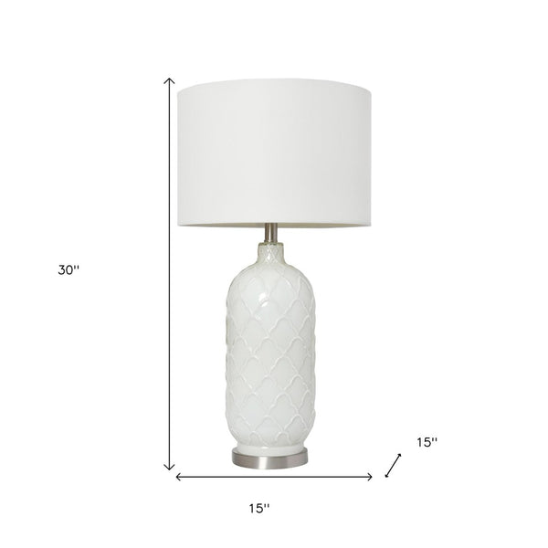 HomeRoots 30" Elegant White and Nickel Quatrefoil Glass Table Lamp with Drum Shade for Stylish Illumination 643367