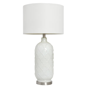 HomeRoots 30" Elegant White and Nickel Quatrefoil Glass Table Lamp with Drum Shade for Stylish Illumination 643367