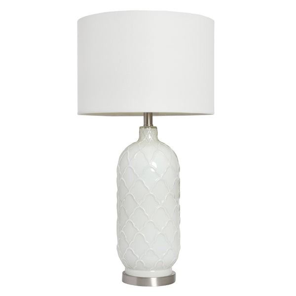 HomeRoots 30" Elegant White and Nickel Quatrefoil Glass Table Lamp with Drum Shade for Stylish Illumination 643367