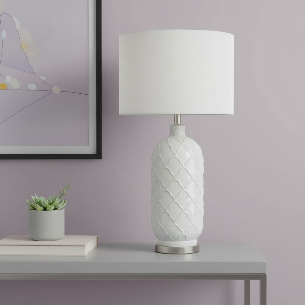 HomeRoots 30" Elegant White and Nickel Quatrefoil Glass Table Lamp with Drum Shade for Stylish Illumination 643367