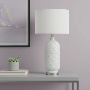 HomeRoots 30" Elegant White and Nickel Quatrefoil Glass Table Lamp with Drum Shade for Stylish Illumination 643367
