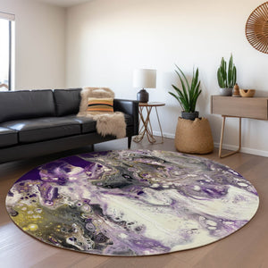 HomeRoots 8' Modern Amethyst and Gold Round Abstract Area Rug - Washable, Durable for Indoor & Outdoor Use 643387