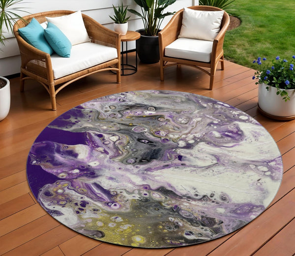 HomeRoots 8' Modern Amethyst and Gold Round Abstract Area Rug - Washable, Durable for Indoor & Outdoor Use 643387