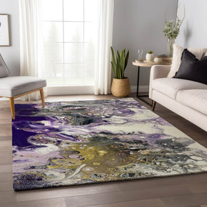 HomeRoots 9' X 12' Amethyst Ivory Gold Abstract Area Rug - Stylish, Durable, Washable for Indoor & Outdoor Use 643389