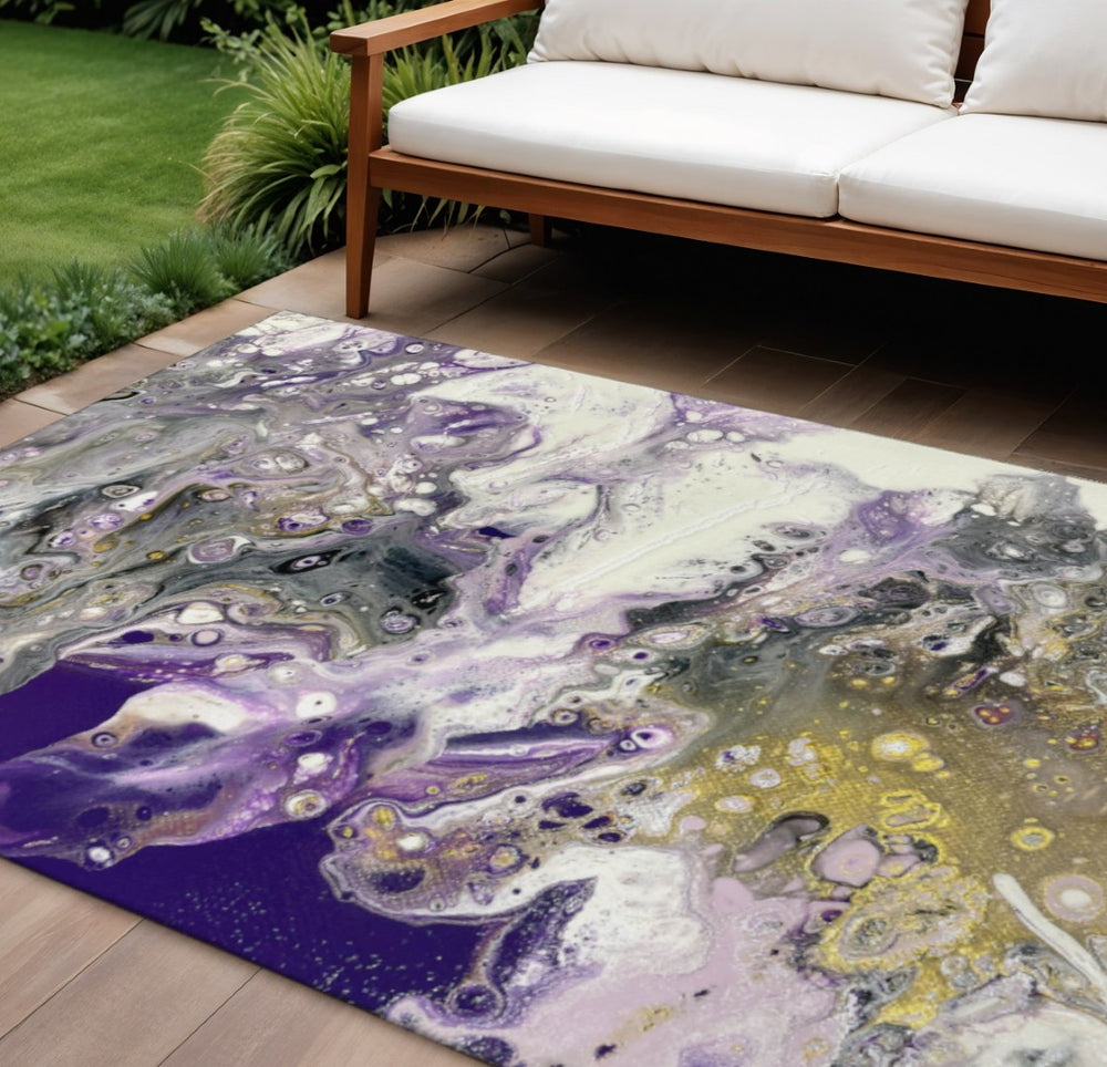 HomeRoots 10' Amethyst Ivory Gold Abstract Area Rug – Washable Indoor/Outdoor Comfort for High-Traffic Spaces 643390