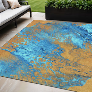 HomeRoots 5' Cobalt and Copper Abstract Area Rug - Washable, Durable, Indoor/Outdoor Use for Modern Spaces 643392