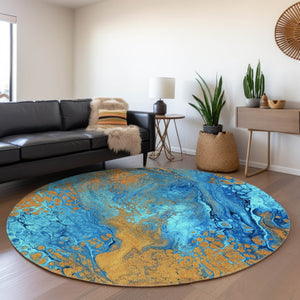 HomeRoots 8' Cobalt and Copper Round Washable Area Rug - Modern Abstract Design for Indoor & Outdoor Use 643393
