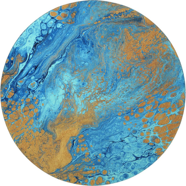 HomeRoots 8' Cobalt and Copper Round Washable Area Rug - Modern Abstract Design for Indoor & Outdoor Use 643393