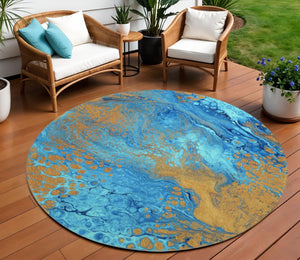 HomeRoots 8' Cobalt and Copper Round Washable Area Rug - Modern Abstract Design for Indoor & Outdoor Use 643393