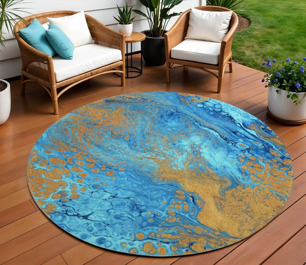 HomeRoots 8' Cobalt and Copper Round Washable Area Rug - Modern Abstract Design for Indoor & Outdoor Use 643393