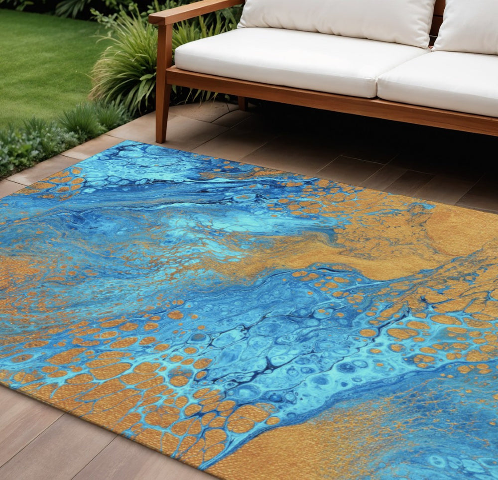 HomeRoots 10' Cobalt & Copper Abstract Washable Area Rug – Stylish, Durable Indoor/Outdoor Floor Covering! 643396