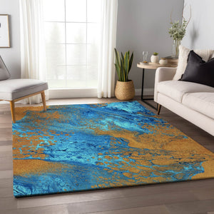 HomeRoots 10' Cobalt & Copper Abstract Washable Area Rug – Stylish, Durable Indoor/Outdoor Floor Covering! 643396