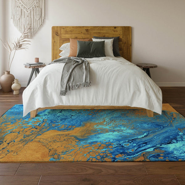 HomeRoots 10' Cobalt & Copper Abstract Washable Area Rug – Stylish, Durable Indoor/Outdoor Floor Covering! 643396