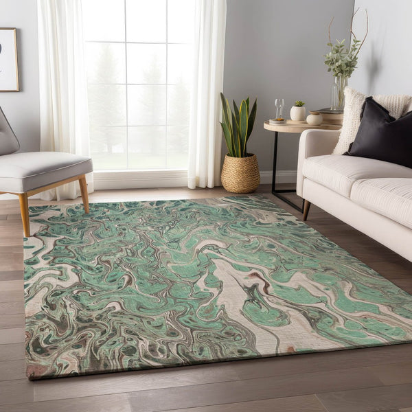 HomeRoots 5' Mint Green & Ivory Abstract Washable Area Rug - Durable, Stylish for Indoor/Outdoor Use! 643398