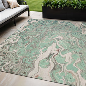 HomeRoots 5' Mint Green & Ivory Abstract Washable Area Rug - Durable, Stylish for Indoor/Outdoor Use! 643398