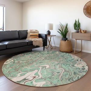 HomeRoots 8' Mint Green & Ivory Round Abstract Rug - Washable, Durable, Perfect for Indoor/Outdoor Spaces! 643399
