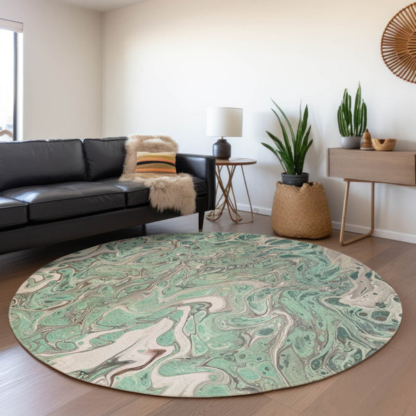 HomeRoots 8' Mint Green & Ivory Round Abstract Rug - Washable, Durable, Perfect for Indoor/Outdoor Spaces! 643399