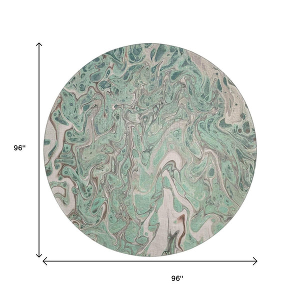 HomeRoots 8' Mint Green & Ivory Round Abstract Rug - Washable, Durable, Perfect for Indoor/Outdoor Spaces! 643399