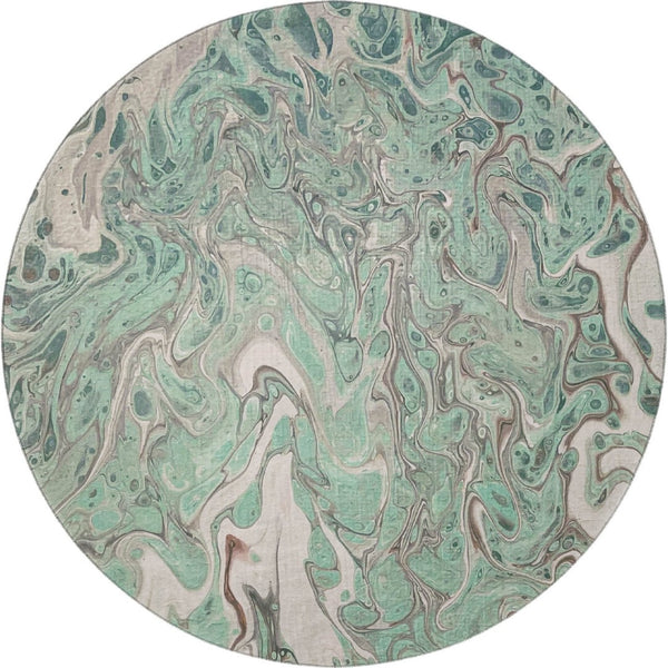 HomeRoots 8' Mint Green & Ivory Round Abstract Rug - Washable, Durable, Perfect for Indoor/Outdoor Spaces! 643399