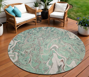 HomeRoots 8' Mint Green & Ivory Round Abstract Rug - Washable, Durable, Perfect for Indoor/Outdoor Spaces! 643399