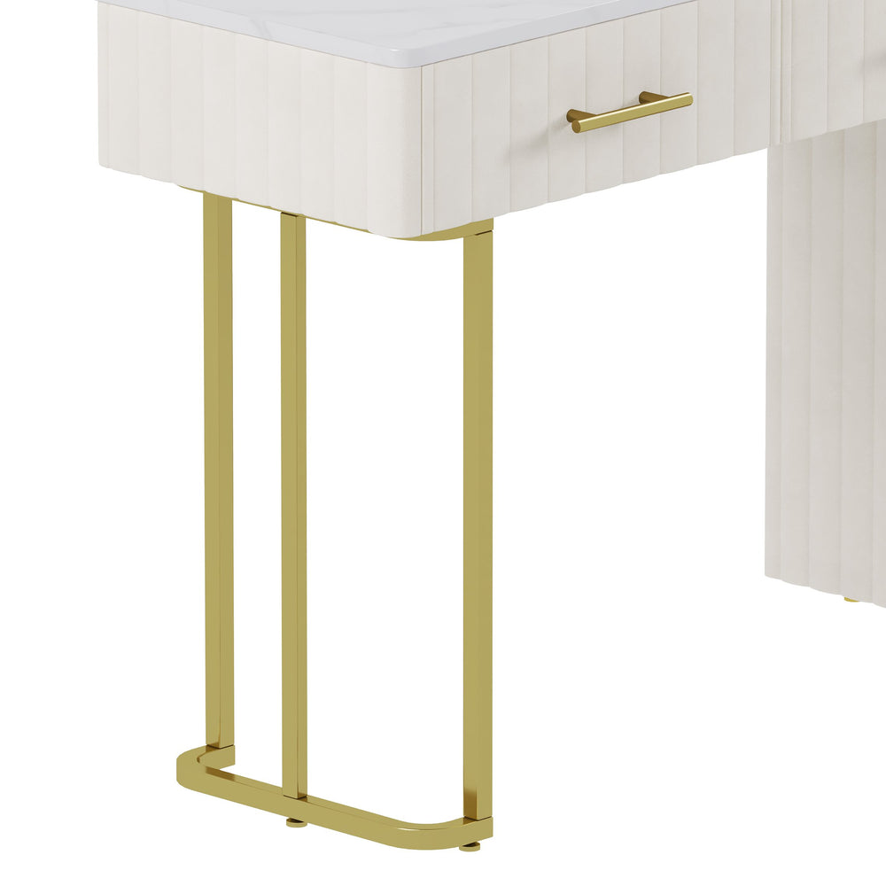 English Elm Velvet Upholstered Vanity Desk Set with Marble-Look Top, Padded Chair, 5 Spacious Drawers & Gold Accents Beige 17.5 L x 16.3 W x 16.1 H N733S272606A