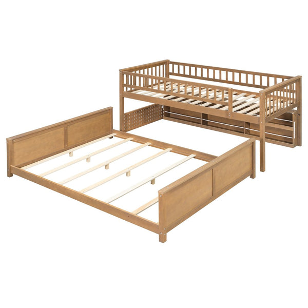 English Elm Twin Xl Over Queen Bunk Bed with Led Lighting Shelving and Pegboard Pinewood Frame Brown LT000280AAP