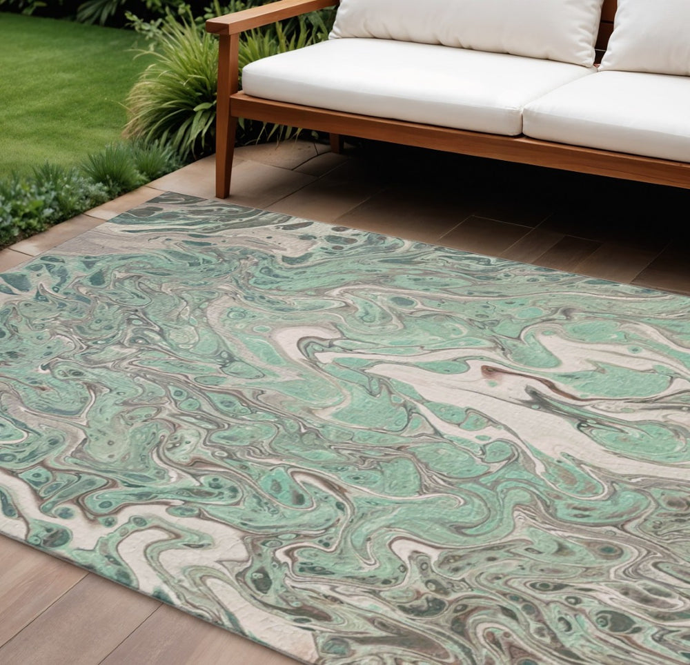 HomeRoots 10' Stylish Mint Green & Ivory Abstract Area Rug – Washable, Durable for Indoor & Outdoor Use! 643402