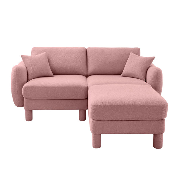 English Elm Boucle Loveseat Sofa With Shell-Shaped Armrests, Removable Ottoman, And Cylindrical Legs In Pink W3041S00291