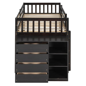 English Elm Twin Over Bunk Bed with Four Storage Drawers Open Shelving Kids Bedroom Espresso LT000167AAP-1