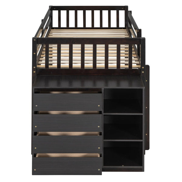 English Elm Twin Over Bunk Bed with Four Storage Drawers Open Shelving Kids Bedroom Espresso LT000167AAP-1