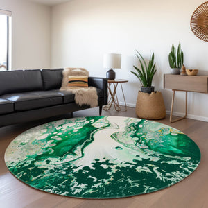 HomeRoots 8' Green And Ivory Round Abstract Washable Indoor-Outdoor Area Rug - Durable, Stylish & Versatile Decor 643501