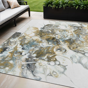 HomeRoots 5' Cool Gray and Gold Abstract Area Rug - Stylish, Washable, Versatile for Indoor and Outdoor Use! 643506