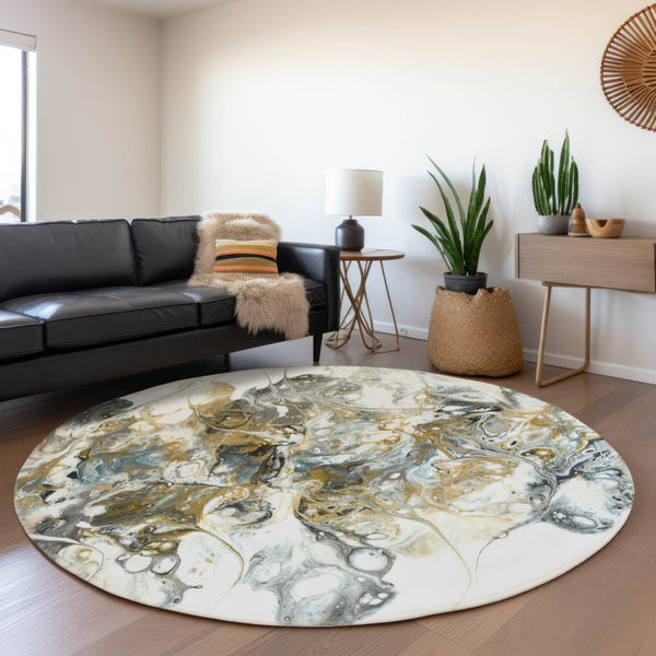 HomeRoots 8' Stylish Gray and Gold Round Area Rug – Durable, Washable Design for Indoor and Outdoor Use! 643507