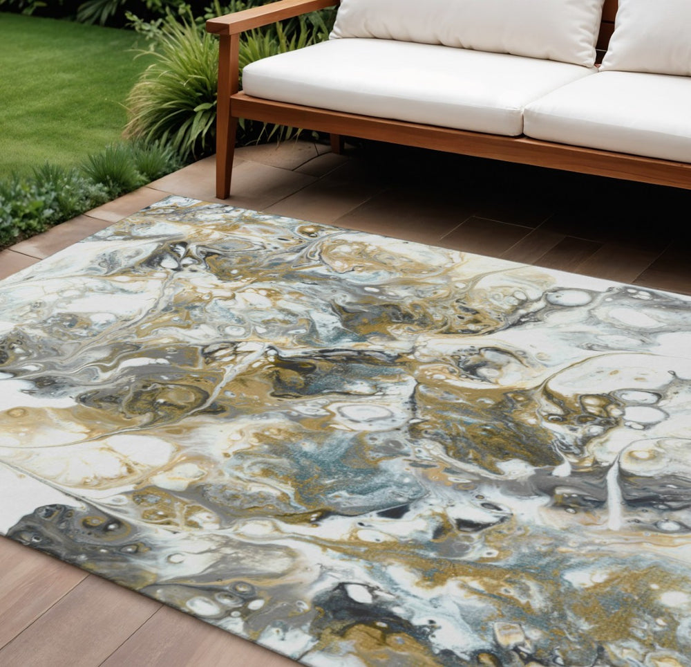 HomeRoots 9' X 12' Cool Gray and Gold Abstract Area Rug - Durable, Washable, Stylish for Indoor & Outdoor Use 643509