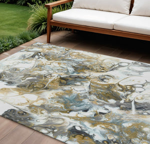 HomeRoots 10' Cool Gray and Gold Abstract Area Rug - Washable, Durable for Indoor/Outdoor Use, Stylish Design 643510