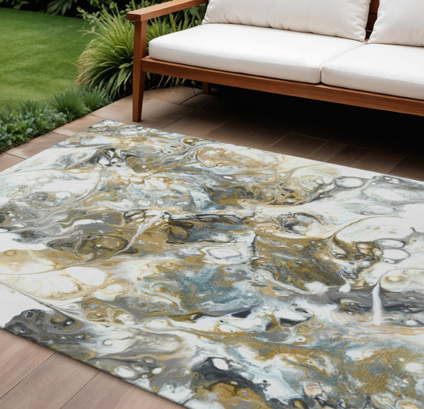 HomeRoots 10' Cool Gray and Gold Abstract Area Rug - Washable, Durable for Indoor/Outdoor Use, Stylish Design 643510