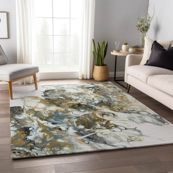 HomeRoots 10' Cool Gray and Gold Abstract Area Rug - Washable, Durable for Indoor/Outdoor Use, Stylish Design 643510