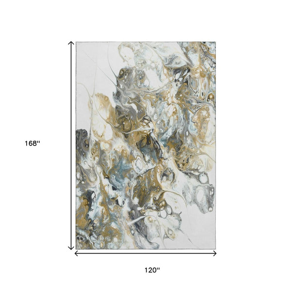 HomeRoots 10' Cool Gray and Gold Abstract Area Rug - Washable, Durable for Indoor/Outdoor Use, Stylish Design 643510