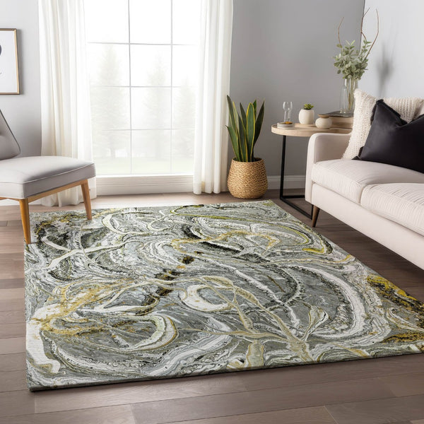 HomeRoots 5' Stylish Slate Gray and Gold Abstract Area Rug - Washable, Durable, Indoor/Outdoor Versatile Design 643512