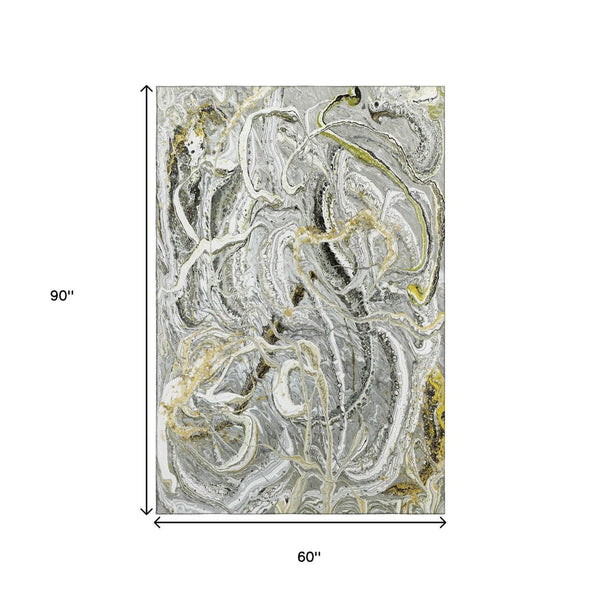 HomeRoots 5' Stylish Slate Gray and Gold Abstract Area Rug - Washable, Durable, Indoor/Outdoor Versatile Design 643512