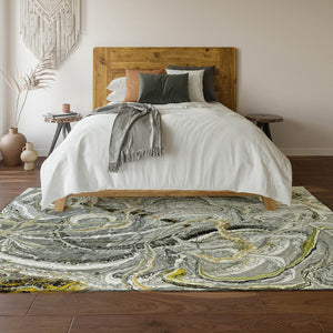 HomeRoots 5' Stylish Slate Gray and Gold Abstract Area Rug - Washable, Durable, Indoor/Outdoor Versatile Design 643512