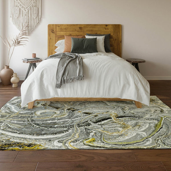 HomeRoots 5' Stylish Slate Gray and Gold Abstract Area Rug - Washable, Durable, Indoor/Outdoor Versatile Design 643512
