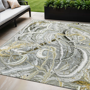 HomeRoots 5' Stylish Slate Gray and Gold Abstract Area Rug - Washable, Durable, Indoor/Outdoor Versatile Design 643512