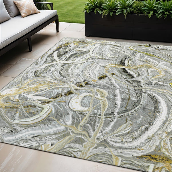 HomeRoots 5' Stylish Slate Gray and Gold Abstract Area Rug - Washable, Durable, Indoor/Outdoor Versatile Design 643512