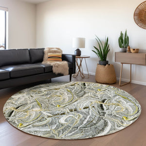 HomeRoots 8' Slate Gray and Gold Round Abstract Area Rug – Durable, Washable, Stylish for Indoor/Outdoor Spaces 643513