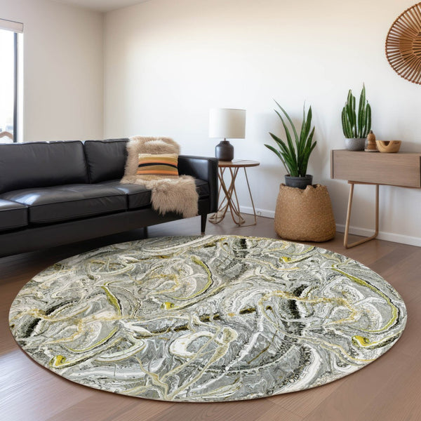 HomeRoots 8' Slate Gray and Gold Round Abstract Area Rug – Durable, Washable, Stylish for Indoor/Outdoor Spaces 643513